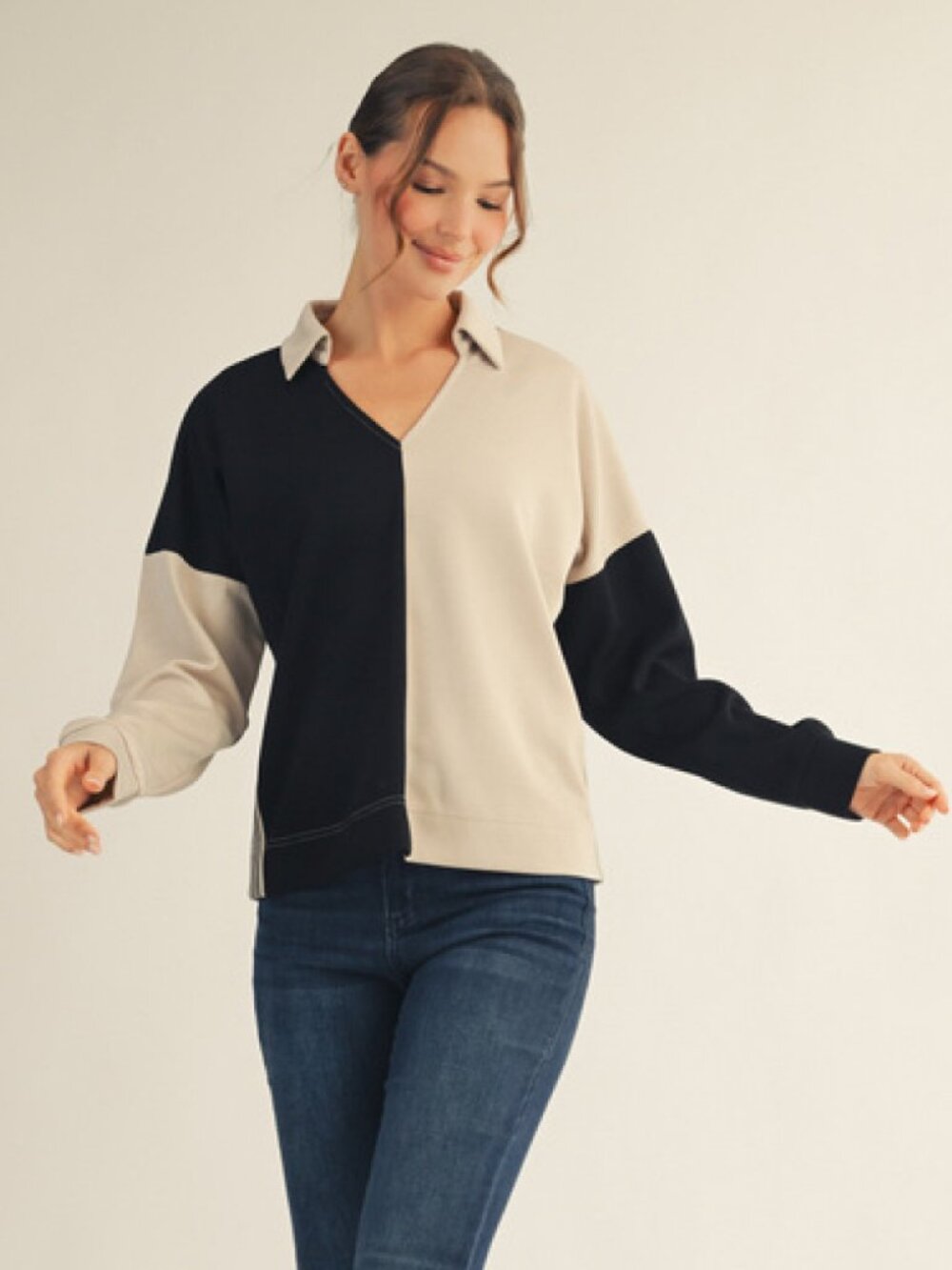 NWT Jodifl Color Block Collared Top in Black Taupe